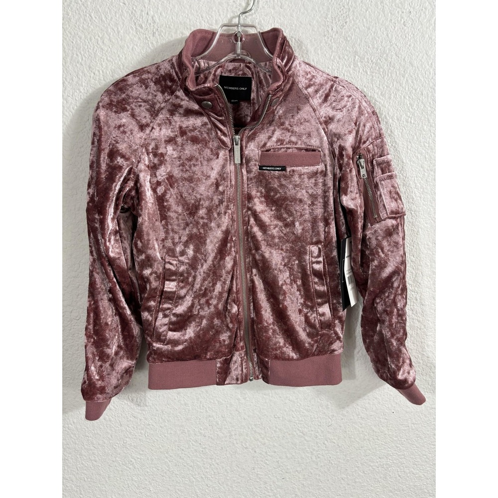 Members Only Jacket Youth 10/12 Pink Velvet Bomber Zip Pocket Velour MG912044